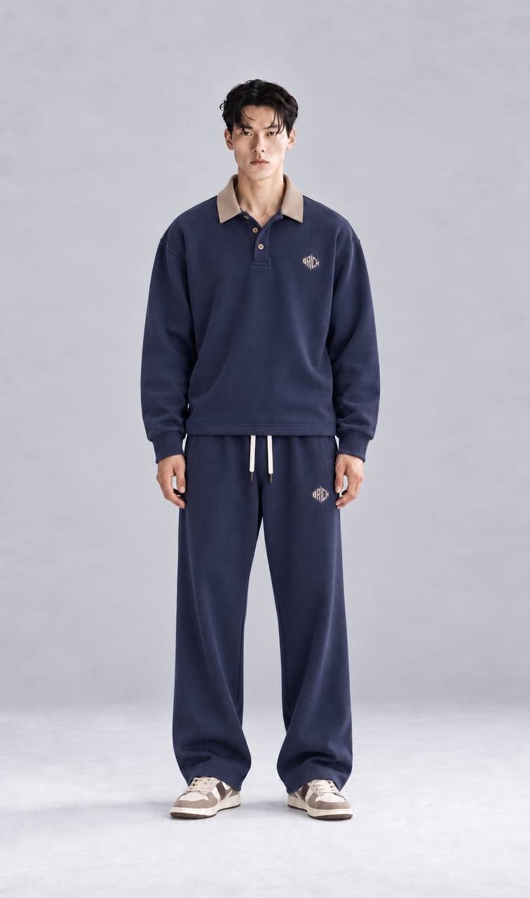 Navy polo-collar sweat set
